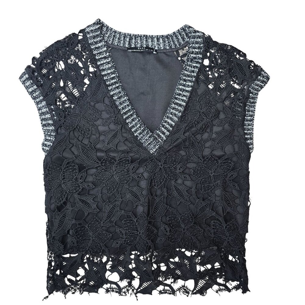Black Lace Floral Embroidered Top With grey Knit Trim By Zara Size Medium